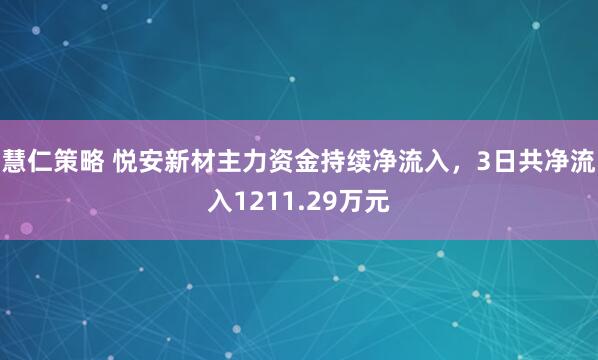 慧仁策略 悦安新材主力资金持续净流入，3日共净流入1211.29万元
